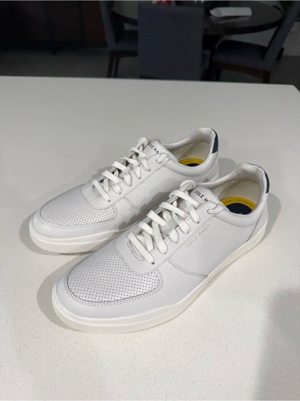 Cole Haan White Leather Perforated Low-Top Sneakers with Navy Heel Tab